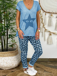 Simple Casual Loose Top Leopard Pants Set