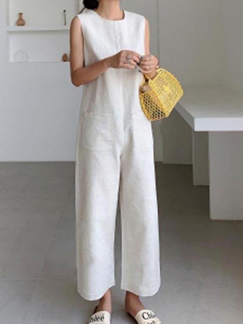 Solid Paneled Sleeveless Pockets Casual Jumpsuit