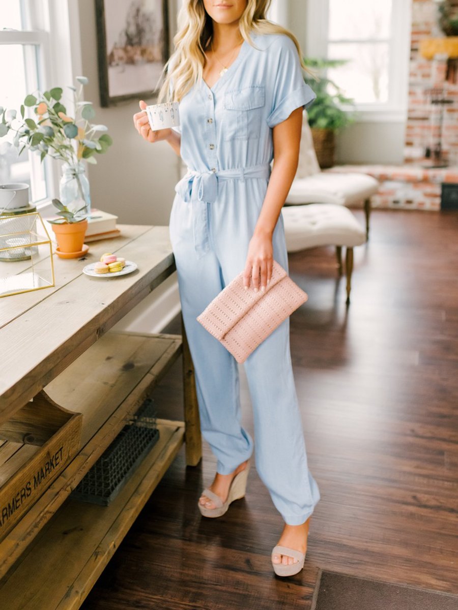 Women V-neck Lace-up Short Sleeve Jumpsuit