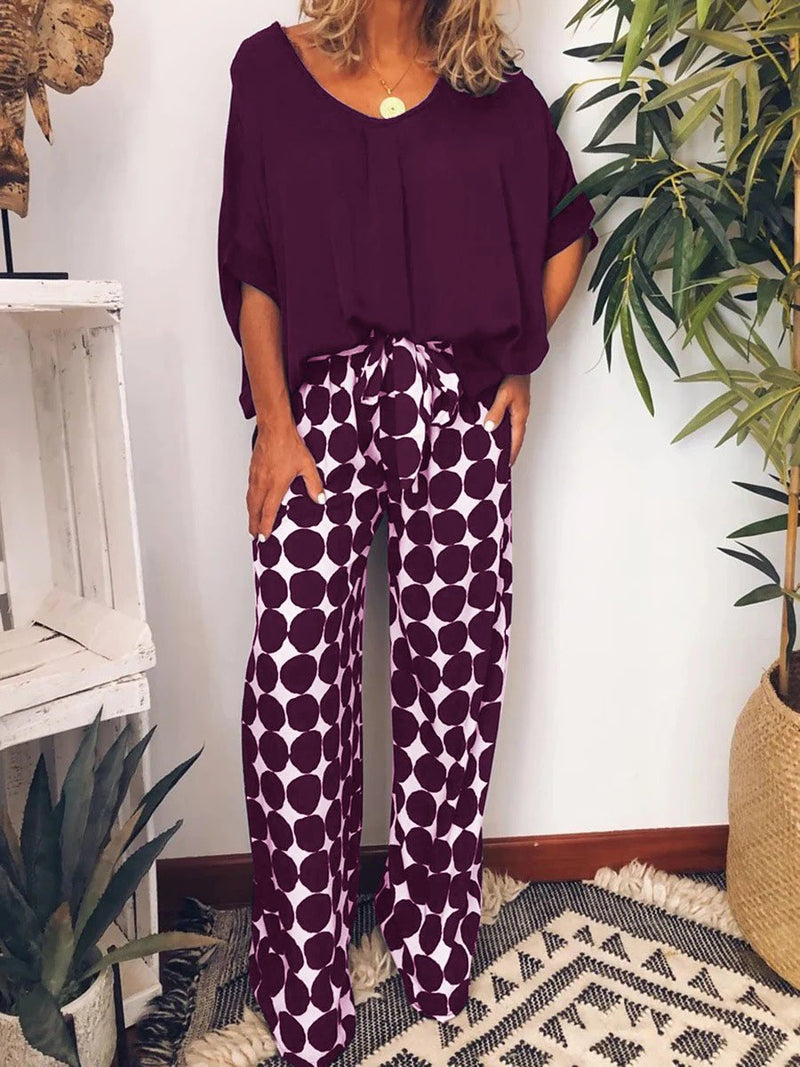 Casual Retro Top Polka Dot Pants Set