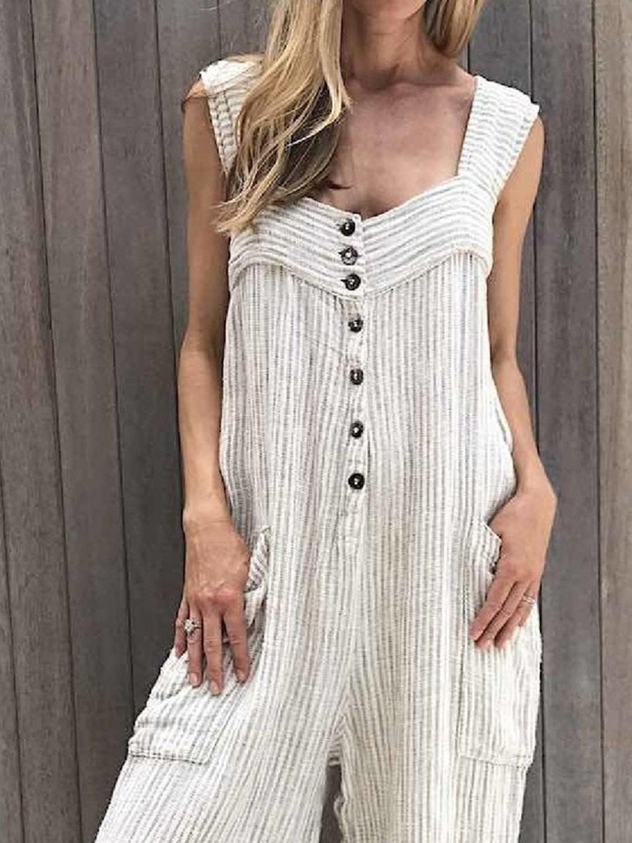 Casual White Striped Button Vintage One-Pieces Jumpsuit