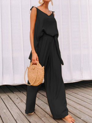 Casual Loose Solid Color Asymmetric V-neck Two-piece Suit