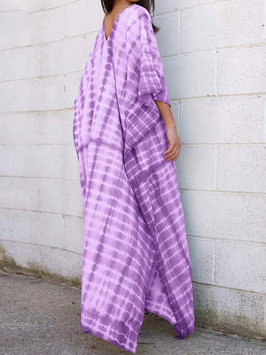 Women's Casual Tie-Dye V-Neck Bat Sleeve Maxi Dress