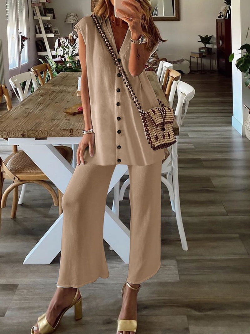 Casual Loose Solid Color V-neck Two-piece Suit