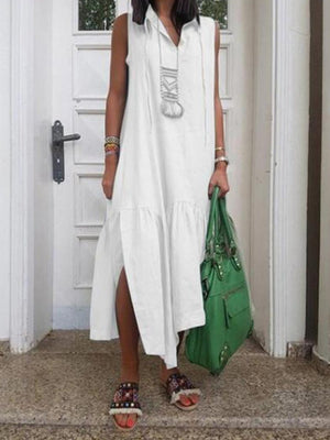 Women's V-Neck Casual Side Slit Loose Sleeveless Dress