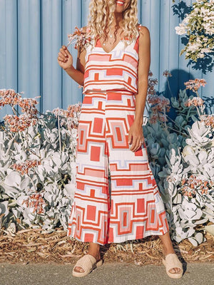 V-Neck Geometric Print Jumpsuit