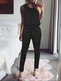 Round Neck Bowknot Belt Loops Jumpsuits