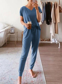 Casual Short Sleeve Top And Pockets Lounge Jogger Pants Set