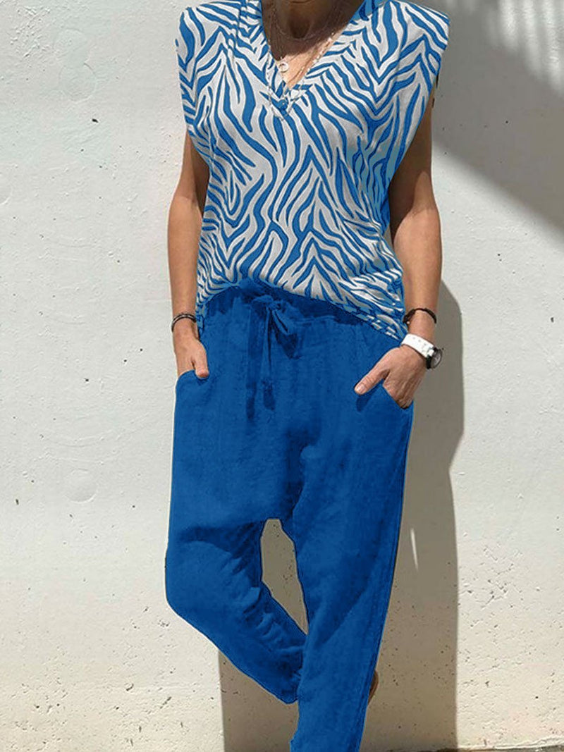 Retro Casual Loose V-Neck Top Pants Set