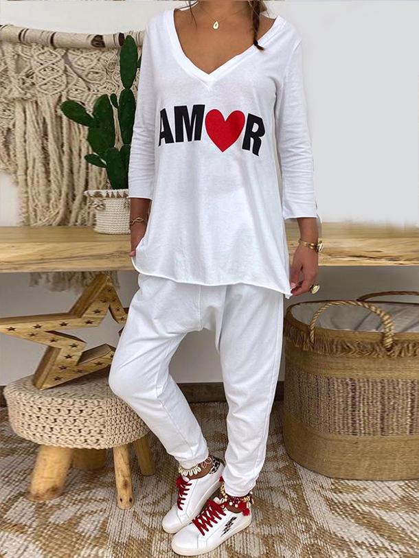 Casual Long Sleeve Letter Print Set