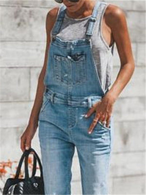 Trendy Ripped Raw Pocket Solid Color Denim Jumpsuit