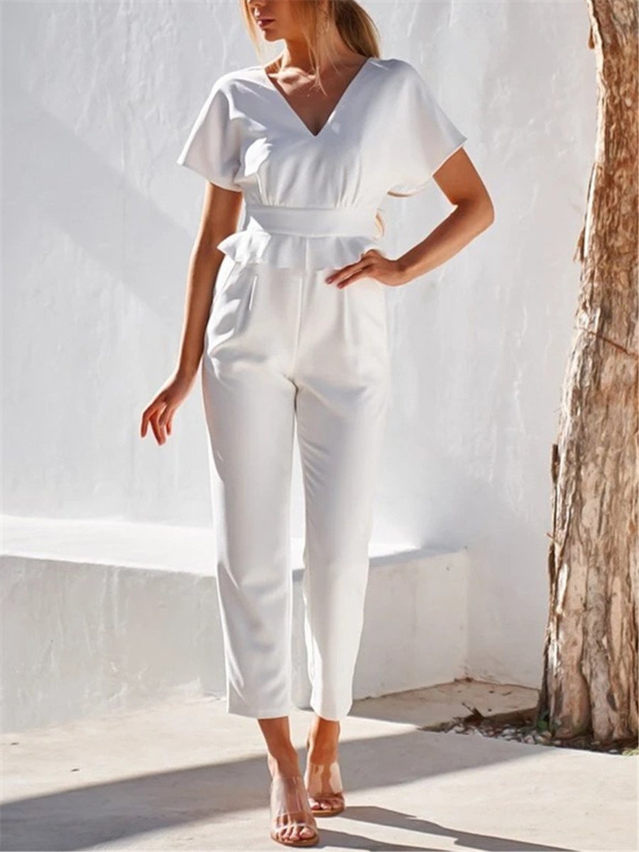 Solid Color Simple V Neck Jumpsuits