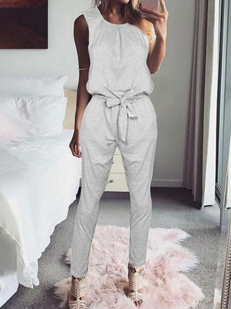 Round Neck Bowknot Belt Loops Jumpsuits