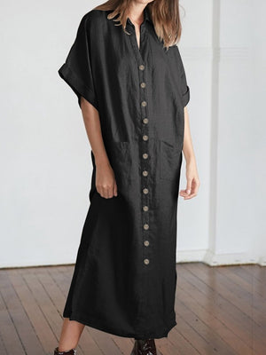 Women V-Neck Batwing Sleeve Buttons Loose Maxi Dress