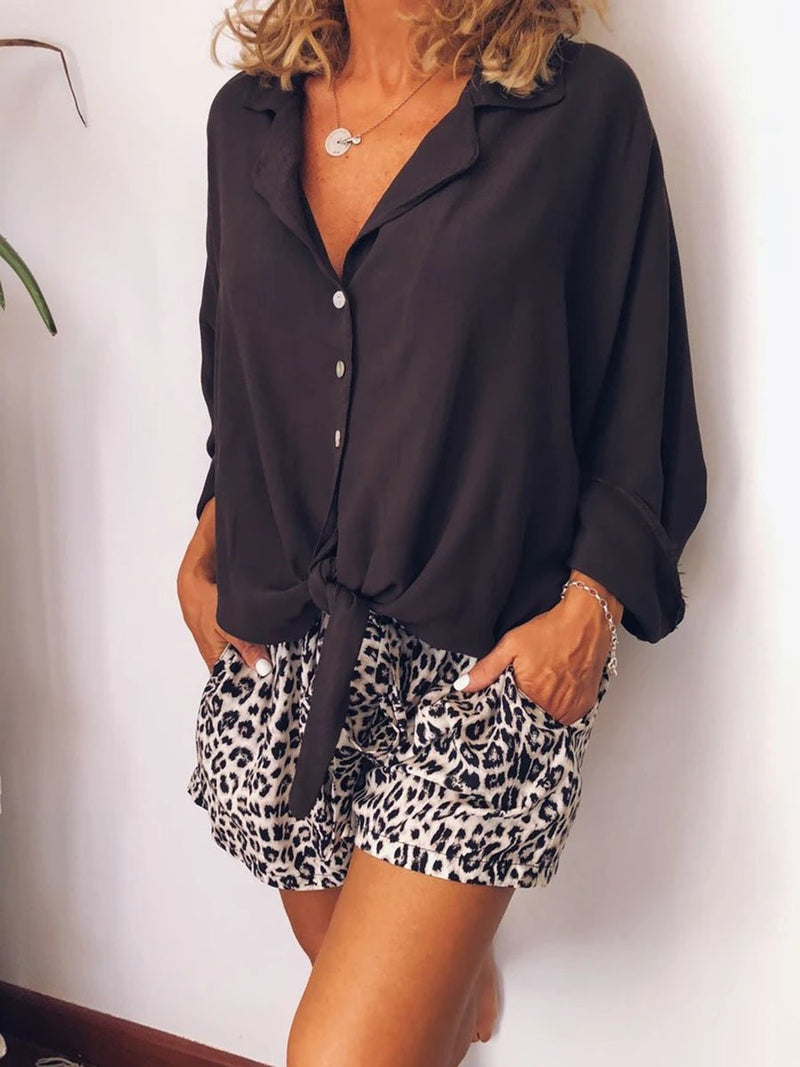 Casual Loose V-Neck Shirt Leopard Print Shorts Suit