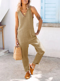 V-neck Sleeveless Solid Color Jumpsuit