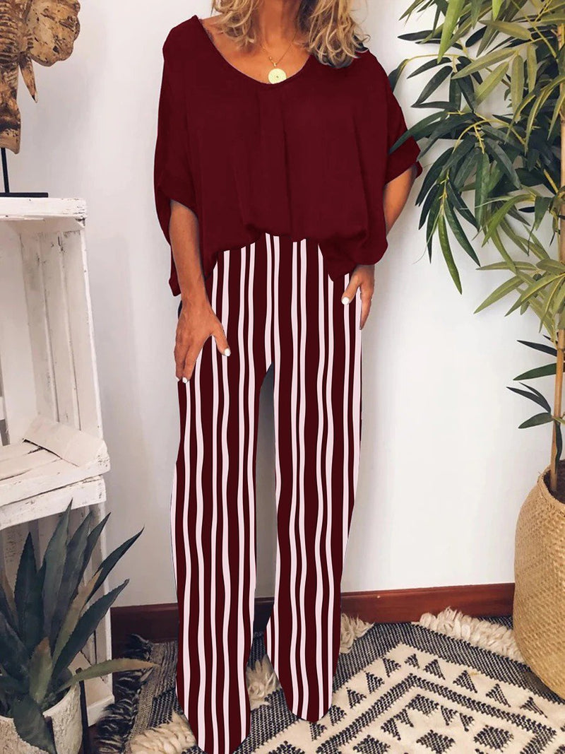 Simple Casual Loose Top Striped Pants Set