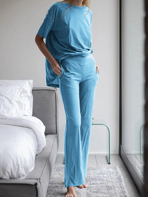 Simple Casual Loose Short Sleeve Top Pants Suit