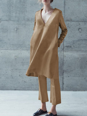 Loose Casual Solid Color V-neck Long Shirt Trousers Set