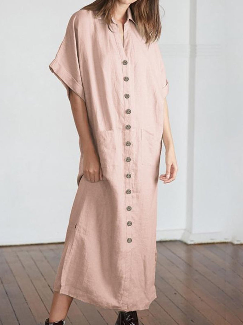 Women V-Neck Batwing Sleeve Buttons Loose Maxi Dress