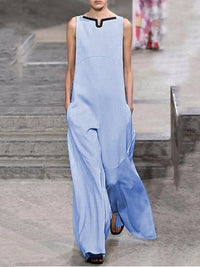 Open Collar Sleeveless Solid Color Loose Jumpsuit