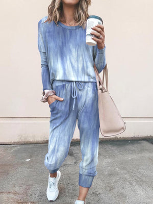 Tie-dye Printed Long-sleeved Drawstring Top and Casual Pants Suit