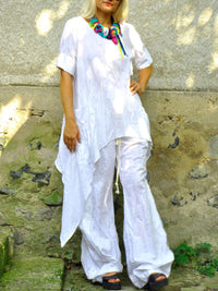 Women's White Casual Loose Linen Suit