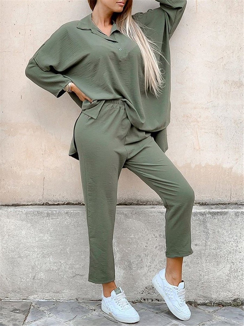 Simple Casual Loose Shirt Pants Two Piece Set