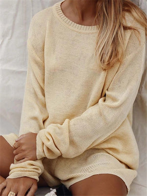 Casual Loose Long-Sleeved Top Shorts Knitted Suit