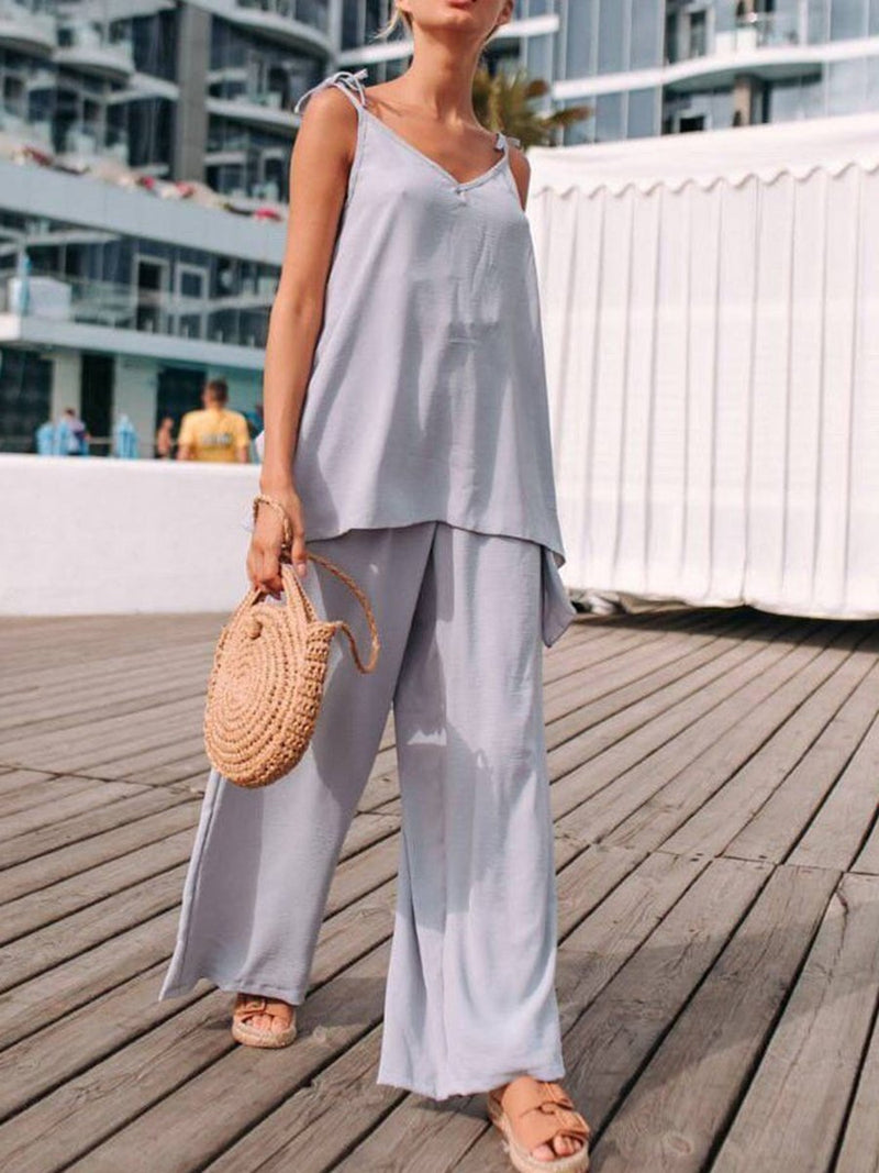 Casual Loose Solid Color Sling V-neck Two-piece Suit