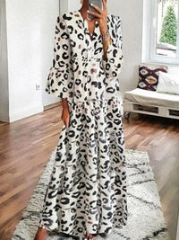 Leopard Printed V-Neck 3/4 Sleeve Loose Maxi Dress