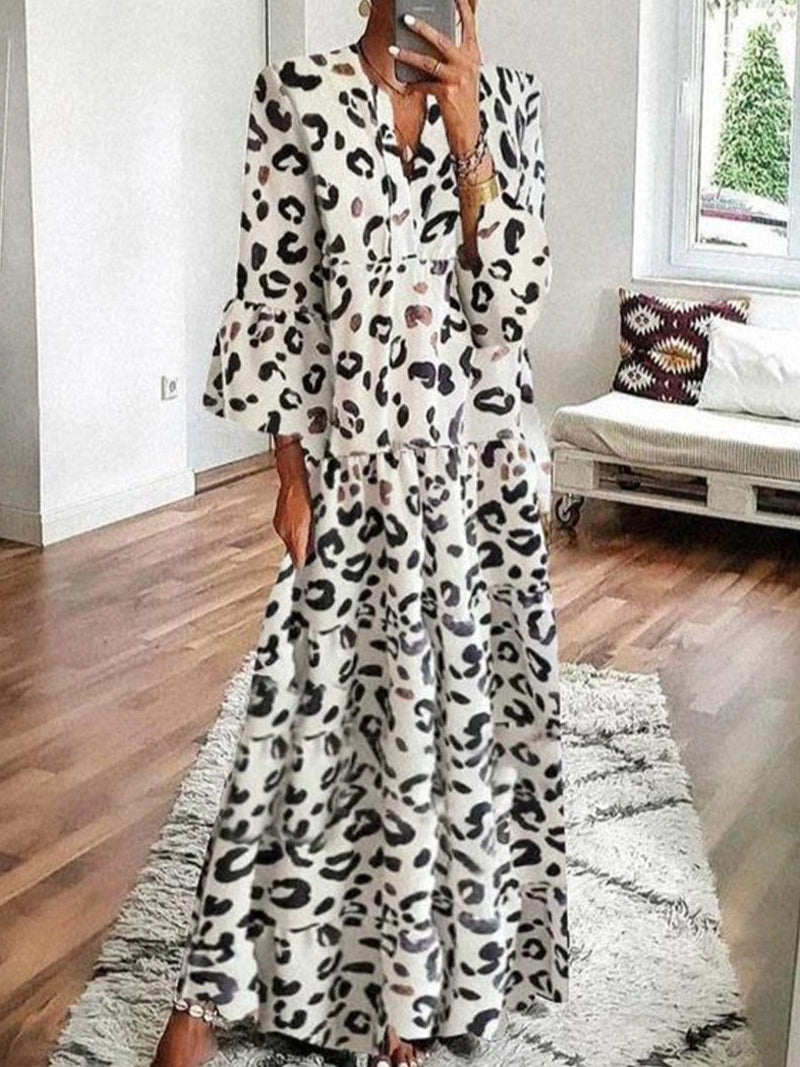 Leopard Printed V-Neck 3/4 Sleeve Loose Maxi Dress