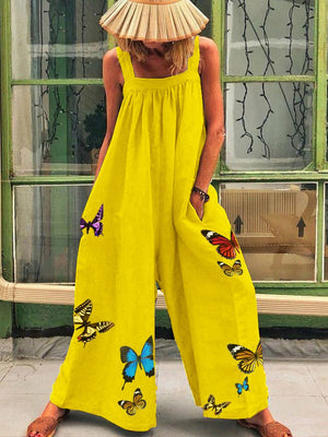 Romantic Pastoral Loose Butterfly Print Jumpsuit