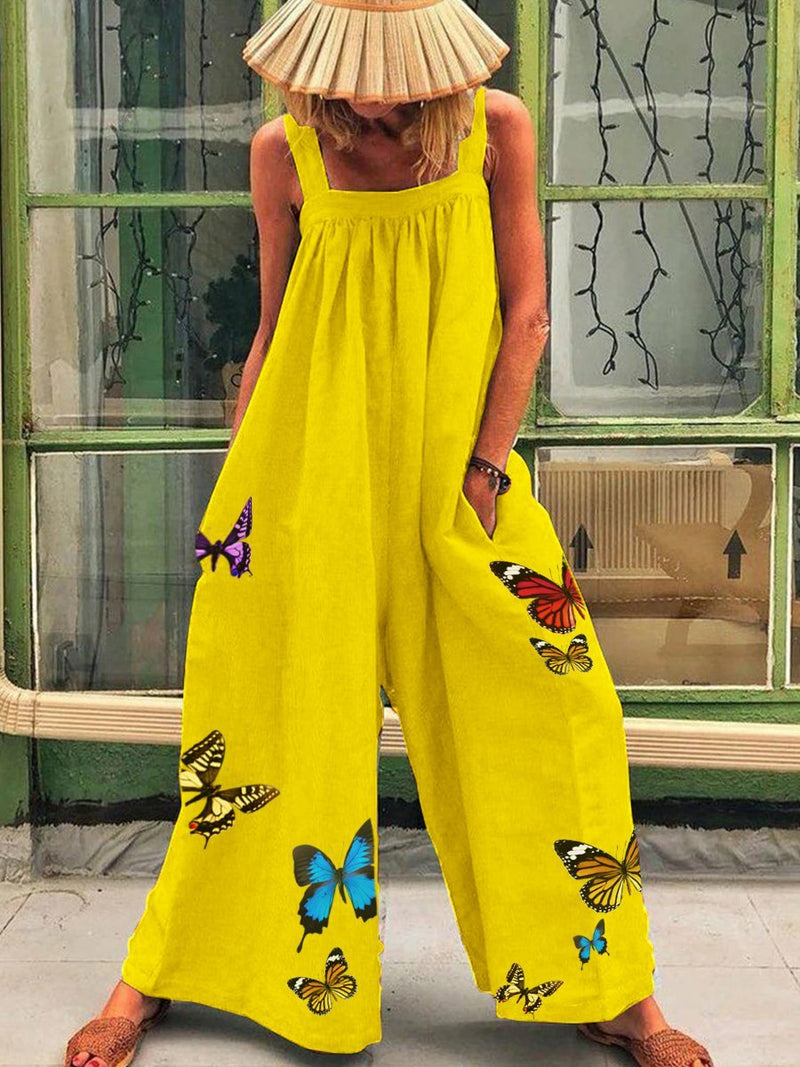 Romantic Pastoral Loose Butterfly Print Jumpsuit