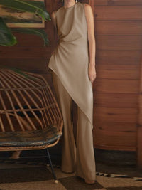 Solid Color Sleeveless Round Neck Pleated Top Trousers Suit