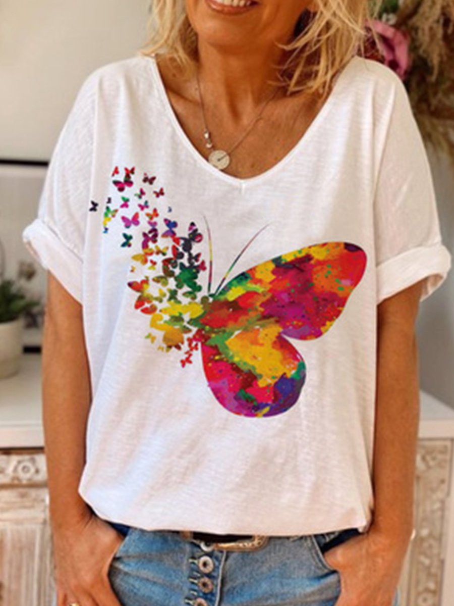 Casual V-Neck Butterfly Print Women's Tops