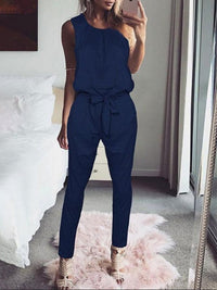 Round Neck Bowknot Belt Loops Jumpsuits