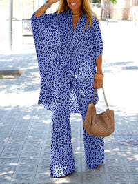 Retro Casual Loose V Neck Top Pants Leopard Print Suit