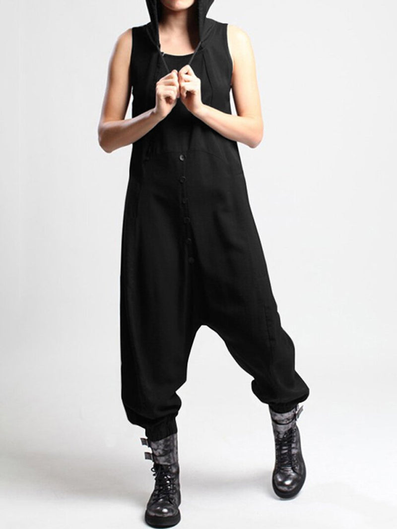 Casual Sleeveless Button Side Pocket Harem Pants Jumpsuit