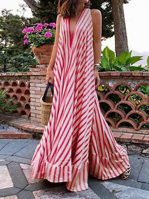 Women's Red Striped Pleated Big Swing V-Neck Bohemian Beach Maxi Dress