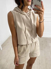 Casual Loose Solid Color Hooded Short Sleeve Two-piece Suit