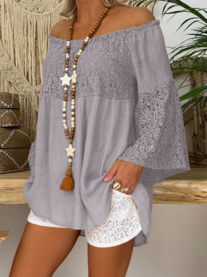 Ruffled Off-Shoulder Lace Panel Top And Shorts Set