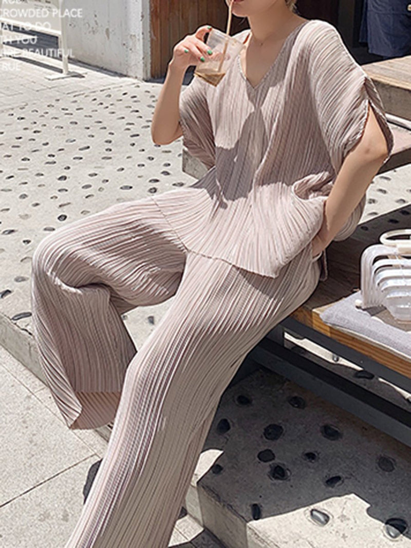 Simple Casual Loose And Comfortable V Neck Top Pants Suit