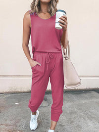 Round Neck Solid Color Sleeveless Top and Pants Suit