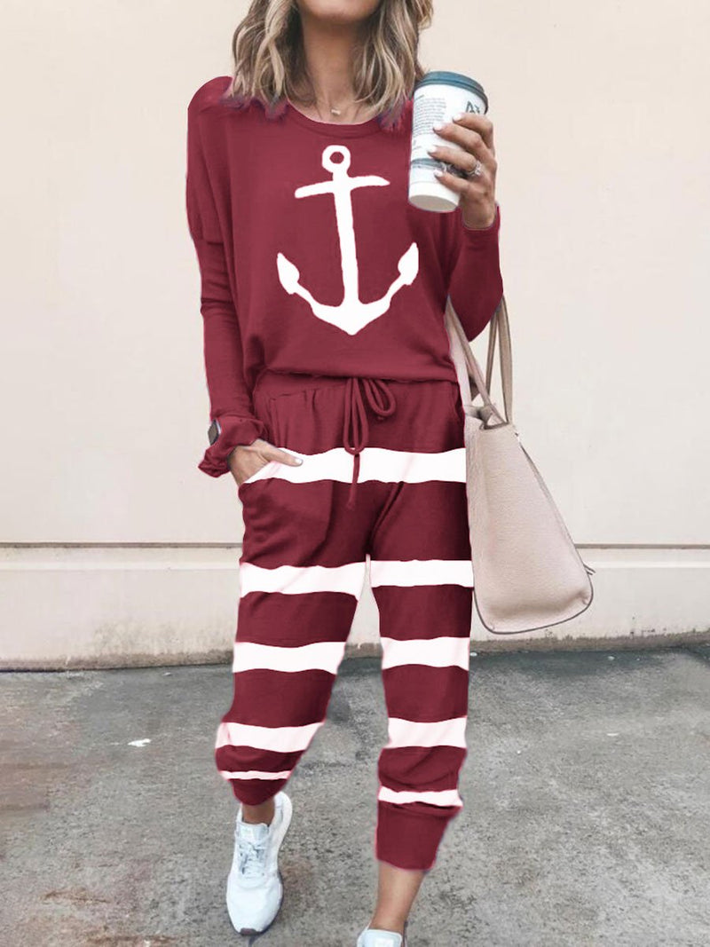 Anchor Printed Striped Drawstring Top and Pants Set