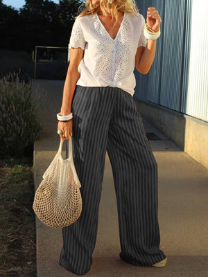 Casual Loose Short Sleeve Striped Two-piece Suit