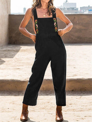 Embroideried Casual Solid Color Straps Pockets Jumpsuit