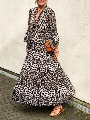 Leopard Printed V-Neck 3/4 Sleeve Loose Maxi Dress