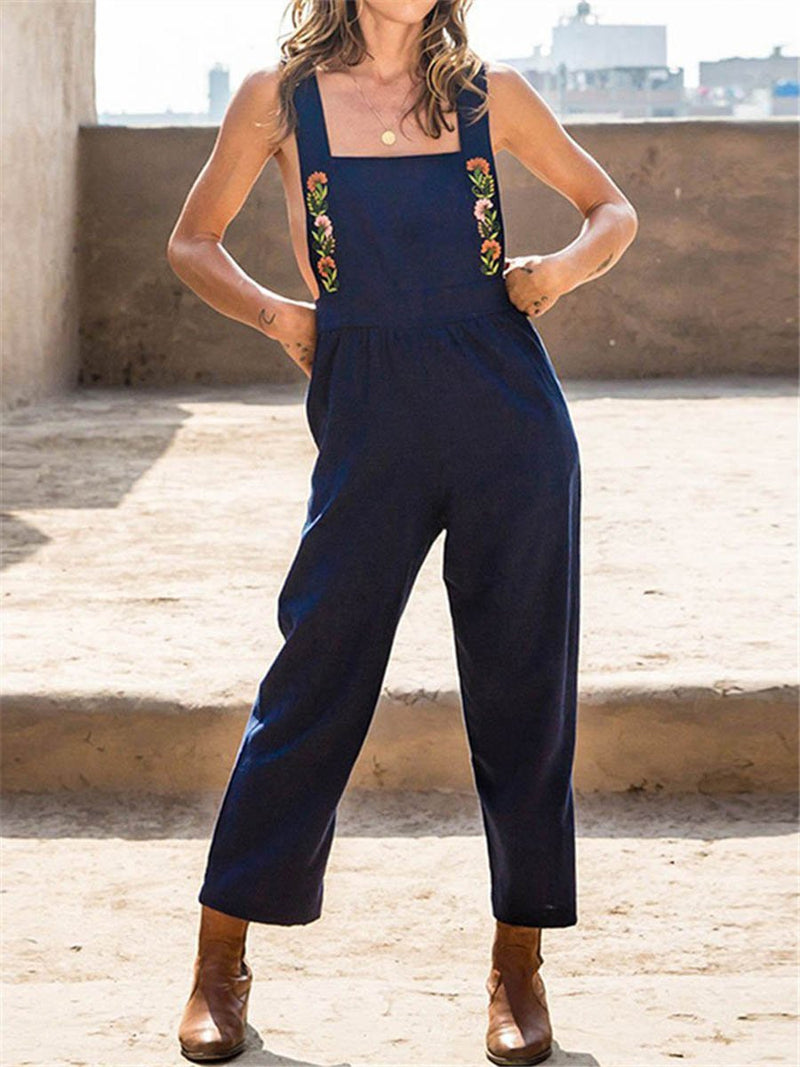 Embroideried Casual Solid Color Straps Pockets Jumpsuit