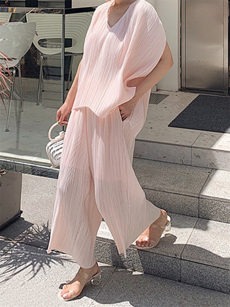 Simple Casual Loose And Comfortable V Neck Top Pants Suit